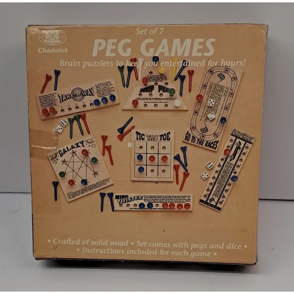 1989 Chadwick Peg Games Set of 7 Wooden Brain Teaser  Games w/ Pegs & Dice 8+